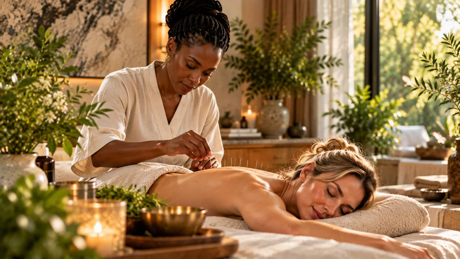 A practitioner placing fine acupuncture needles along a client's back as she rests on a linen-draped table at home