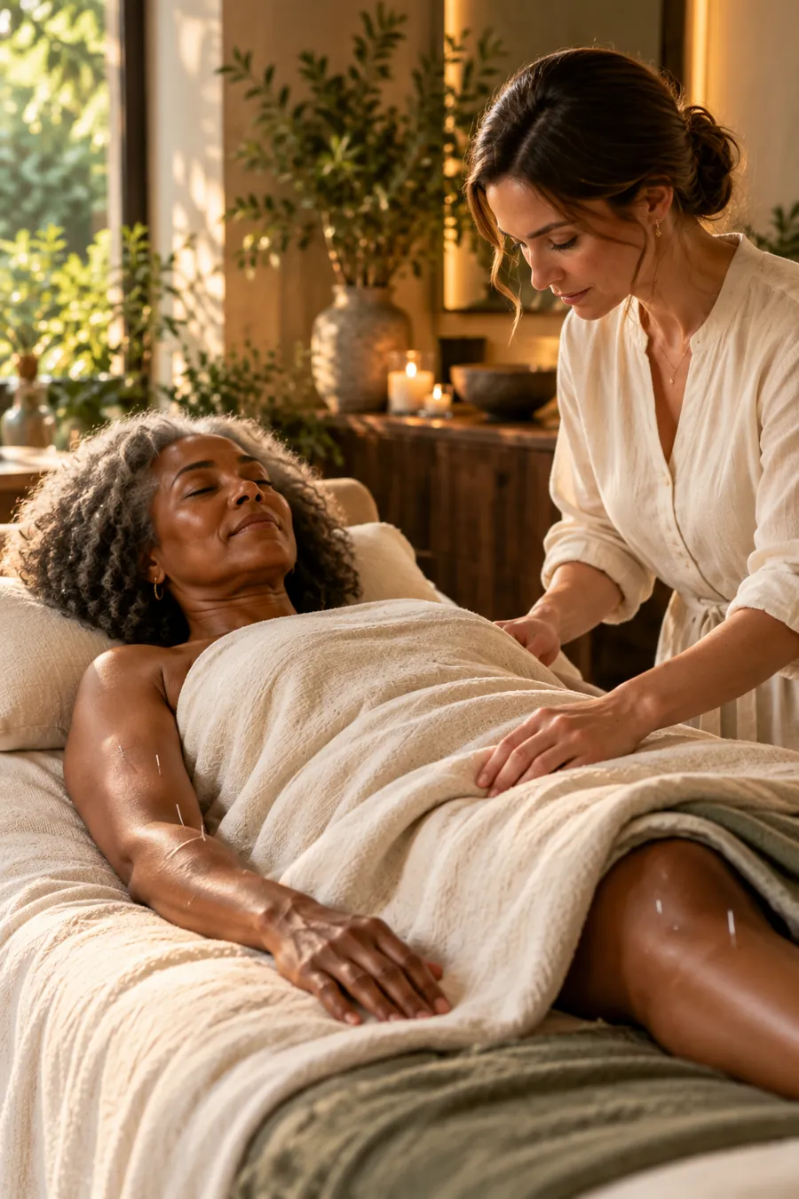 A woman resting peacefully during an in-home acupuncture session, a practitioner gently settling the blanket