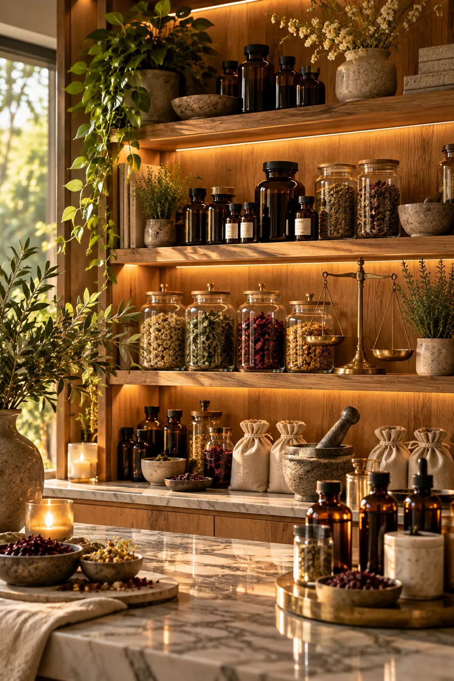 Oak shelves of amber bottles, dried herbs in glass jars and a brass scale