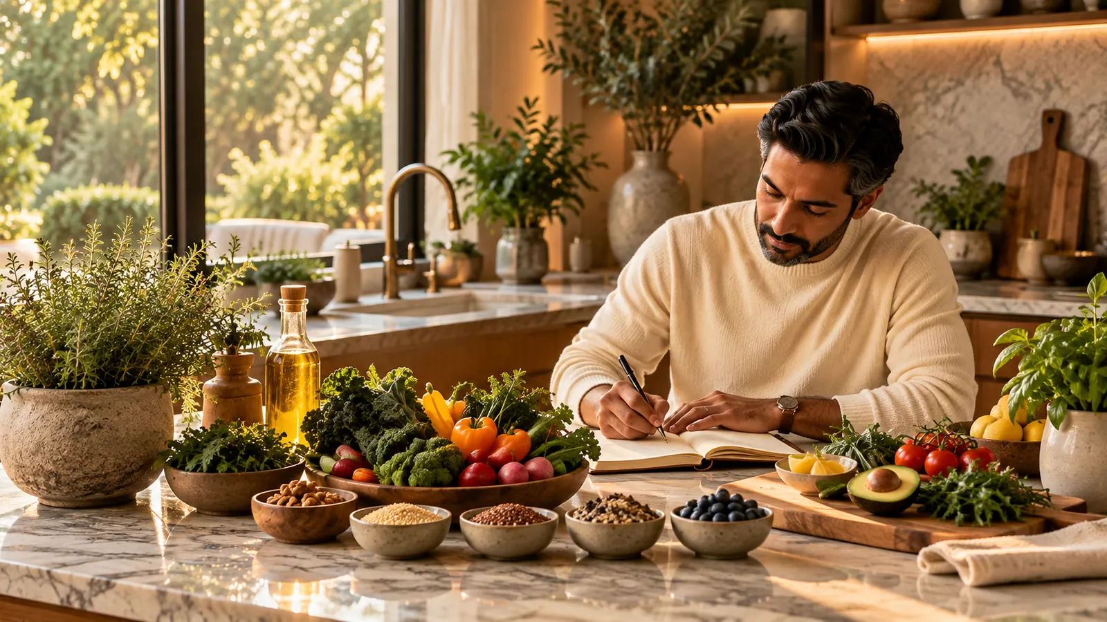 A man composing his blood type menu at a marble kitchen island laid with vegetables, herbs and grains