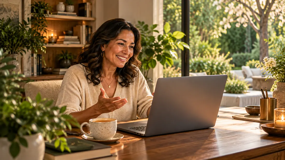 A woman smiling during a private video coaching session in her sunlit study