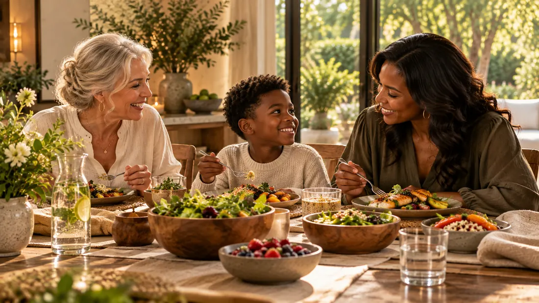 A grandmother, mother and young son sharing a wholesome lunch, laughing together