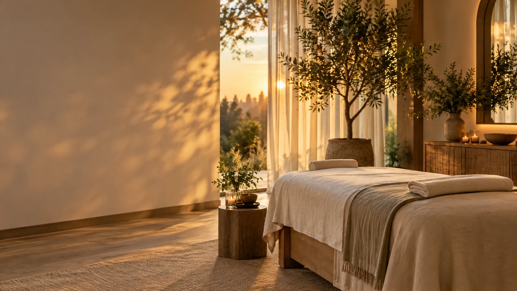 A home transformed into a serene treatment room at golden hour, with a linen-draped table beside tall windows