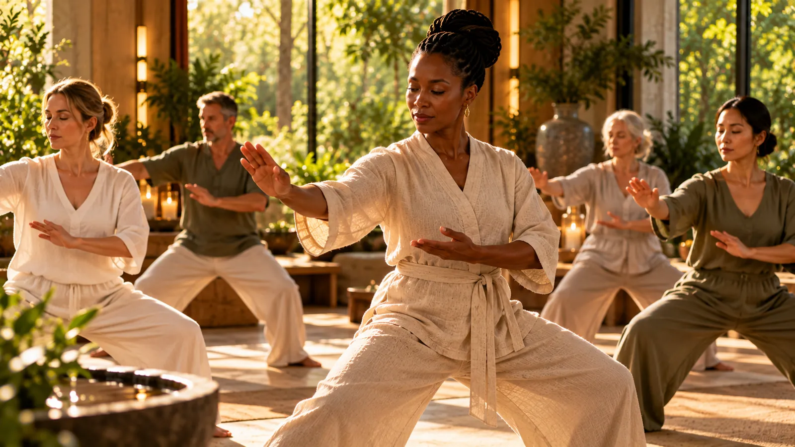 Women and men of different ages moving slowly through qigong forms together in a sunlit room filled with plants