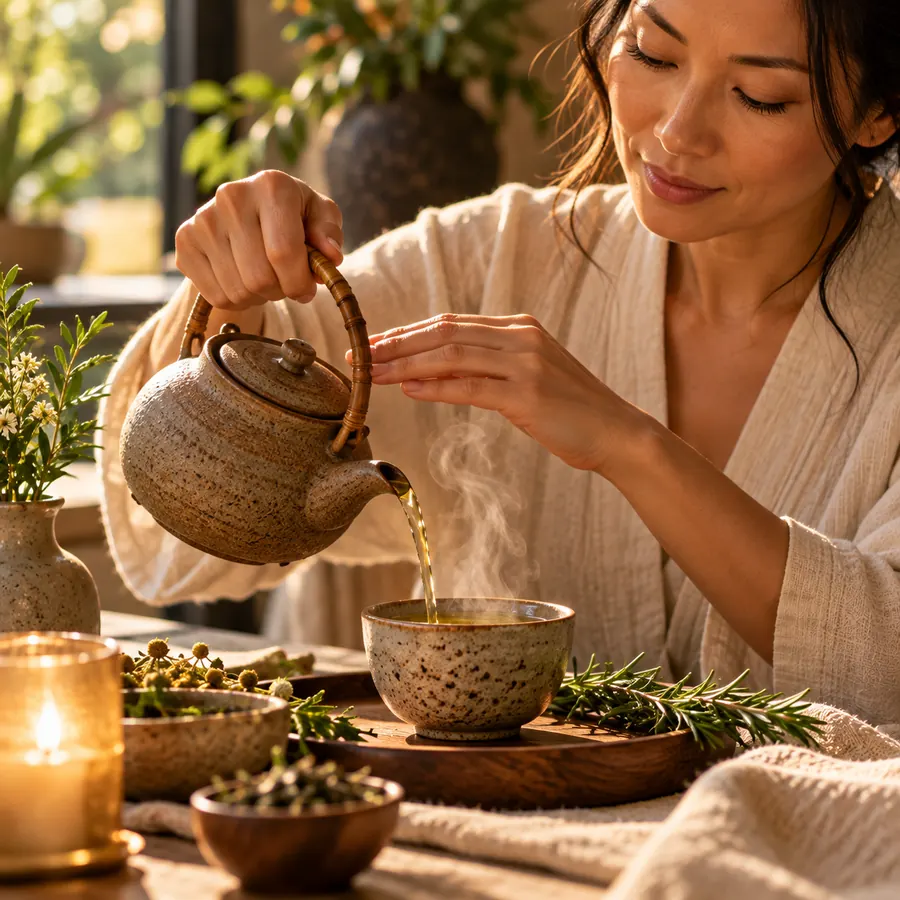 A woman pouring herbal tea from a stoneware pot, steam rising beside rosemary