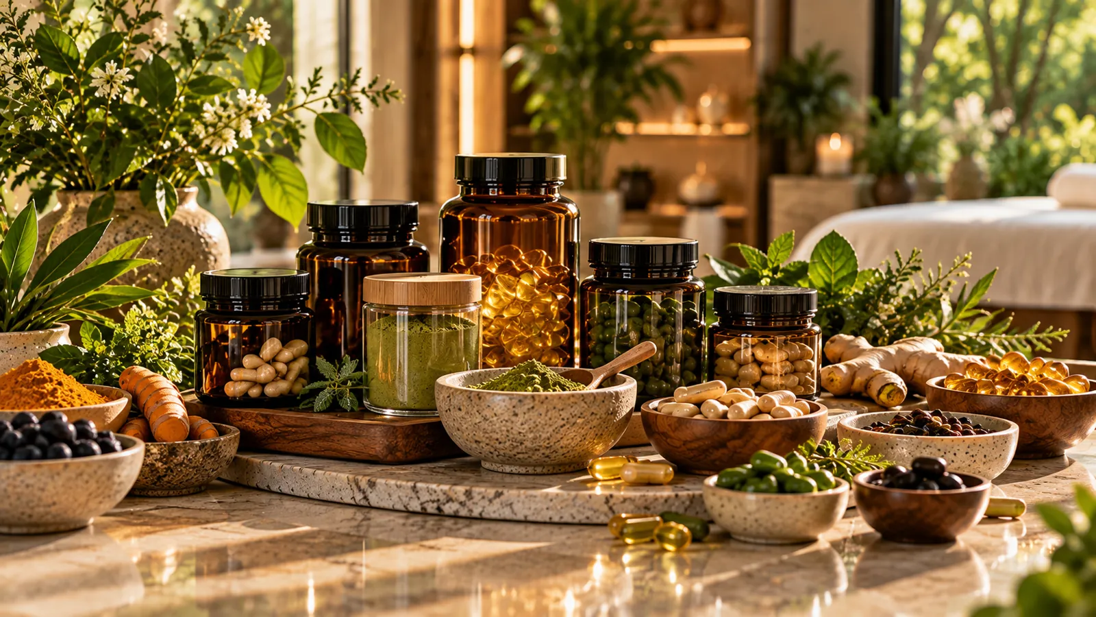 Amber apothecary jars of capsules and green powders beside bowls of turmeric, ginger and fresh herbs on marble